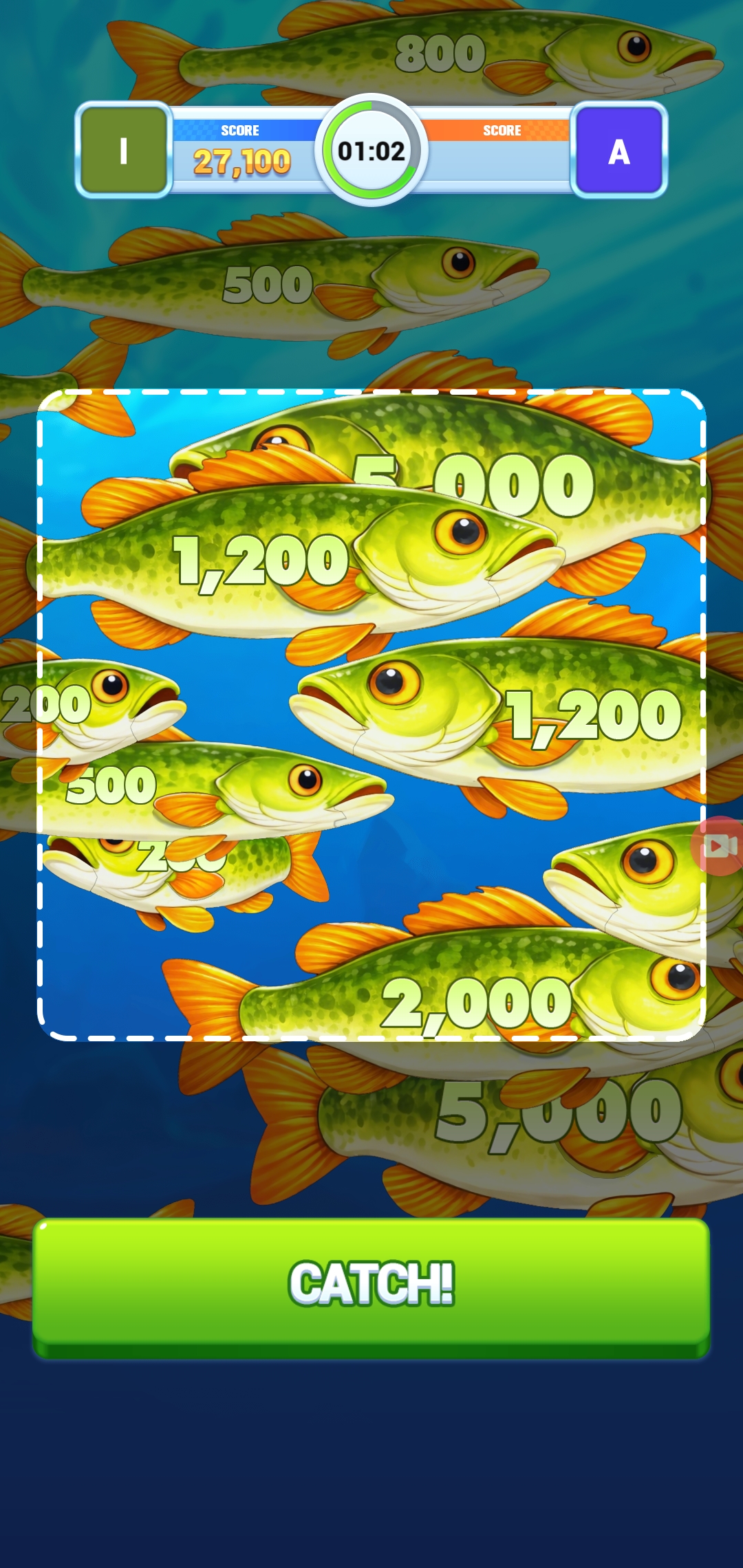 Green fish entering the dashed capture area before the net is deployed