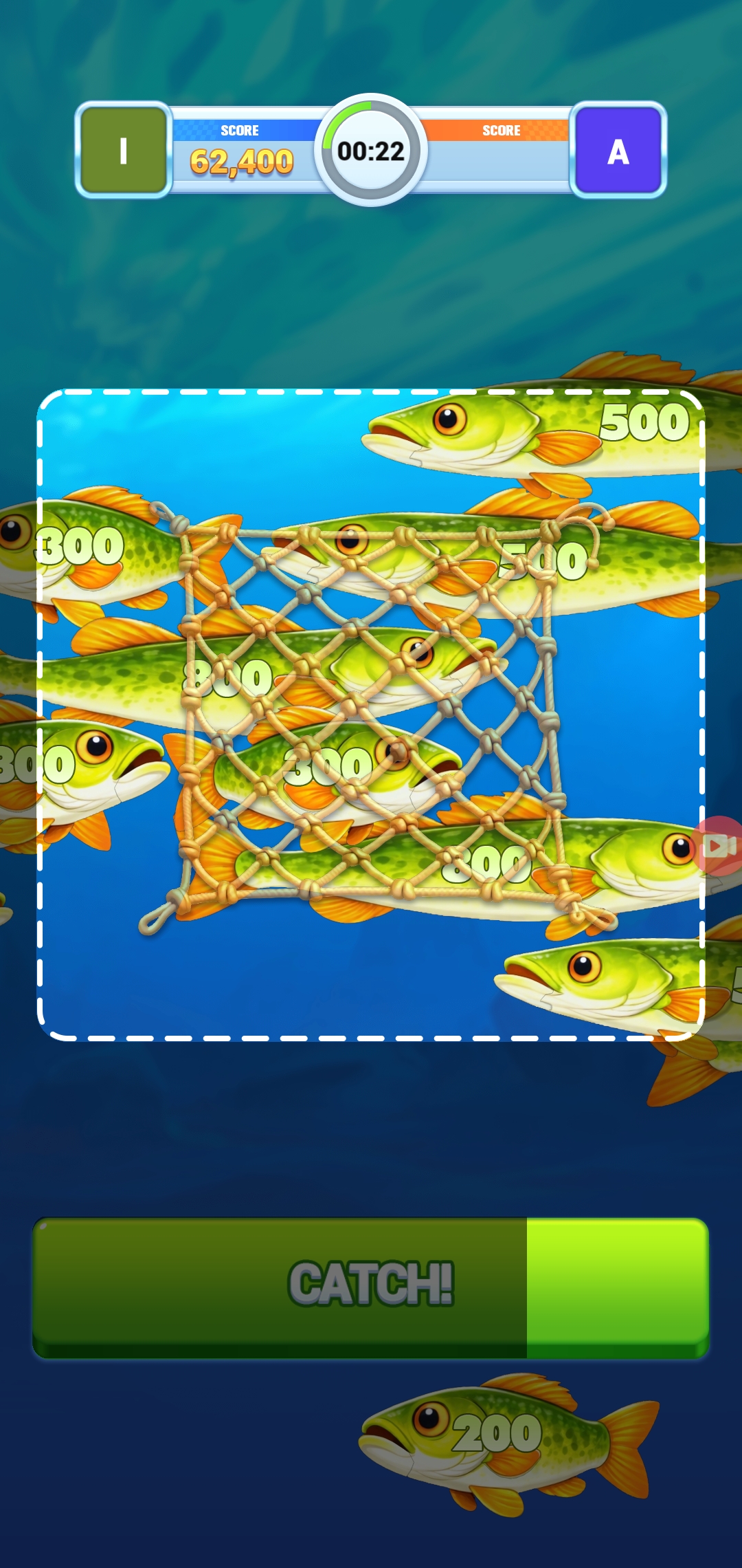 A timed net catching several green fish