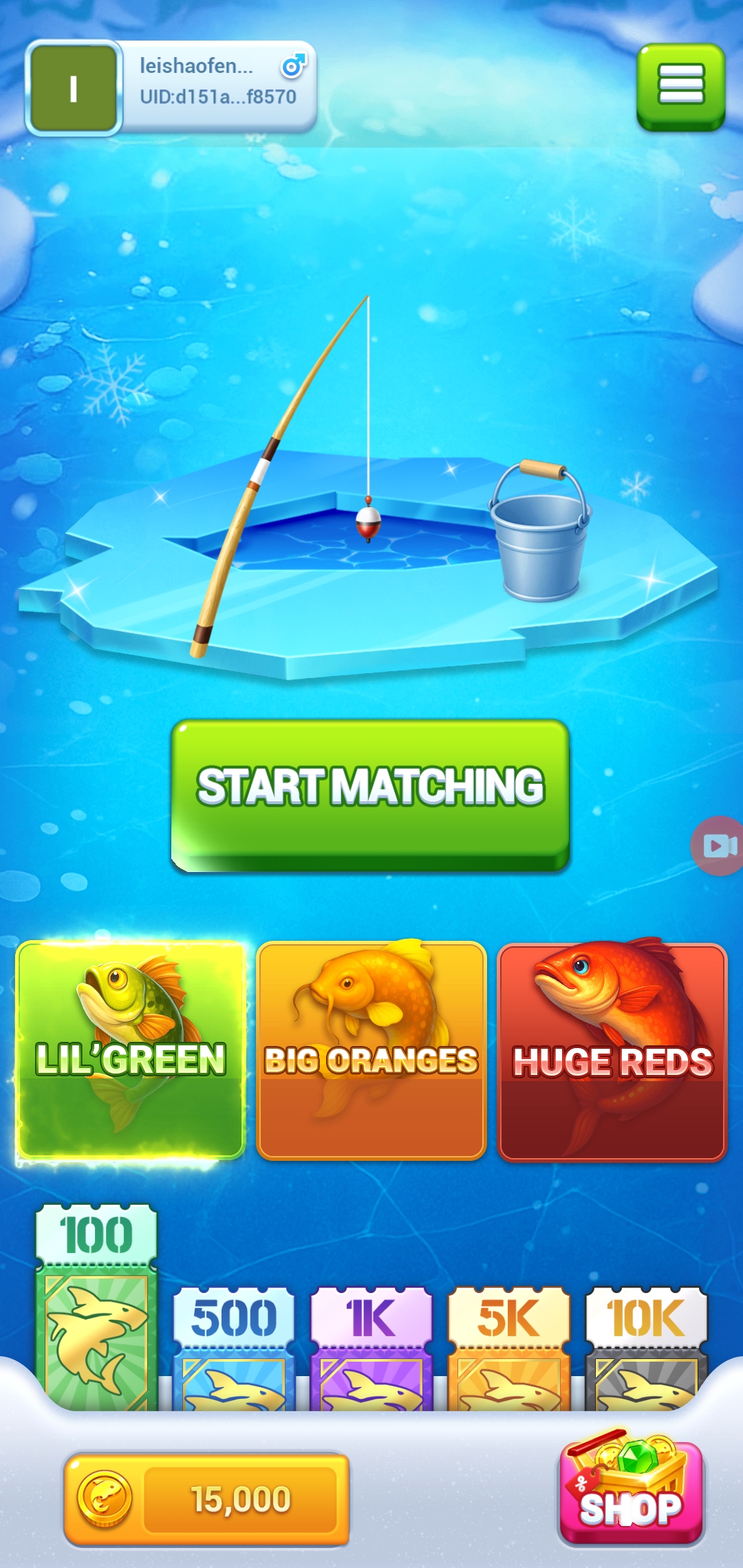 Lil’ Green selected in the Fishing Time game lobby