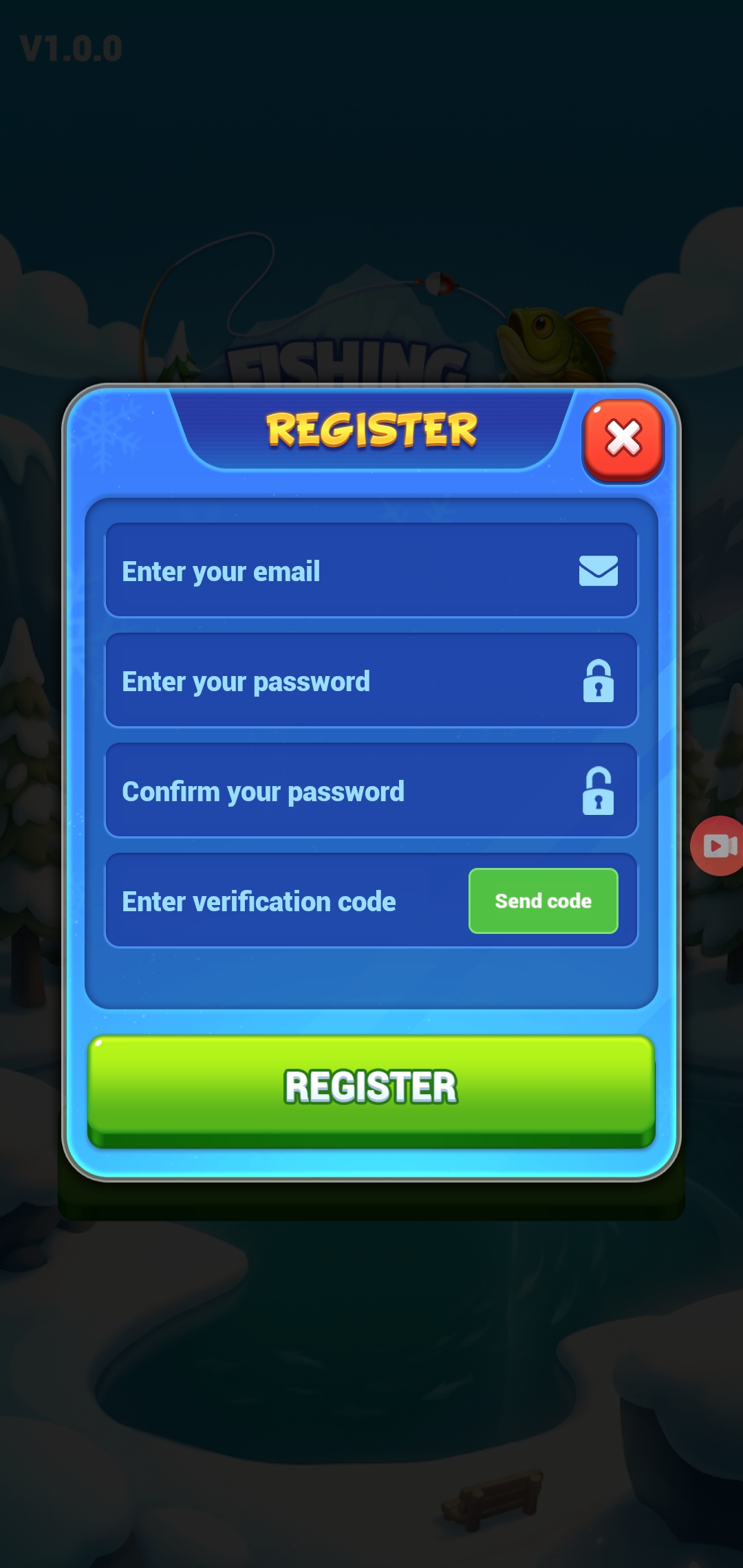 In-app email registration screen